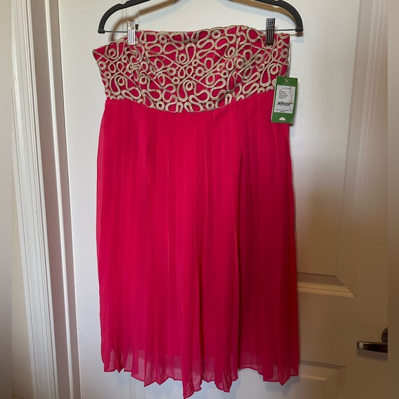 Lilly Pulitzer Jillie Pink Chiffon strapless Dress. Gold detail. Sz 8. NWT $328 - Picture 3 of 12